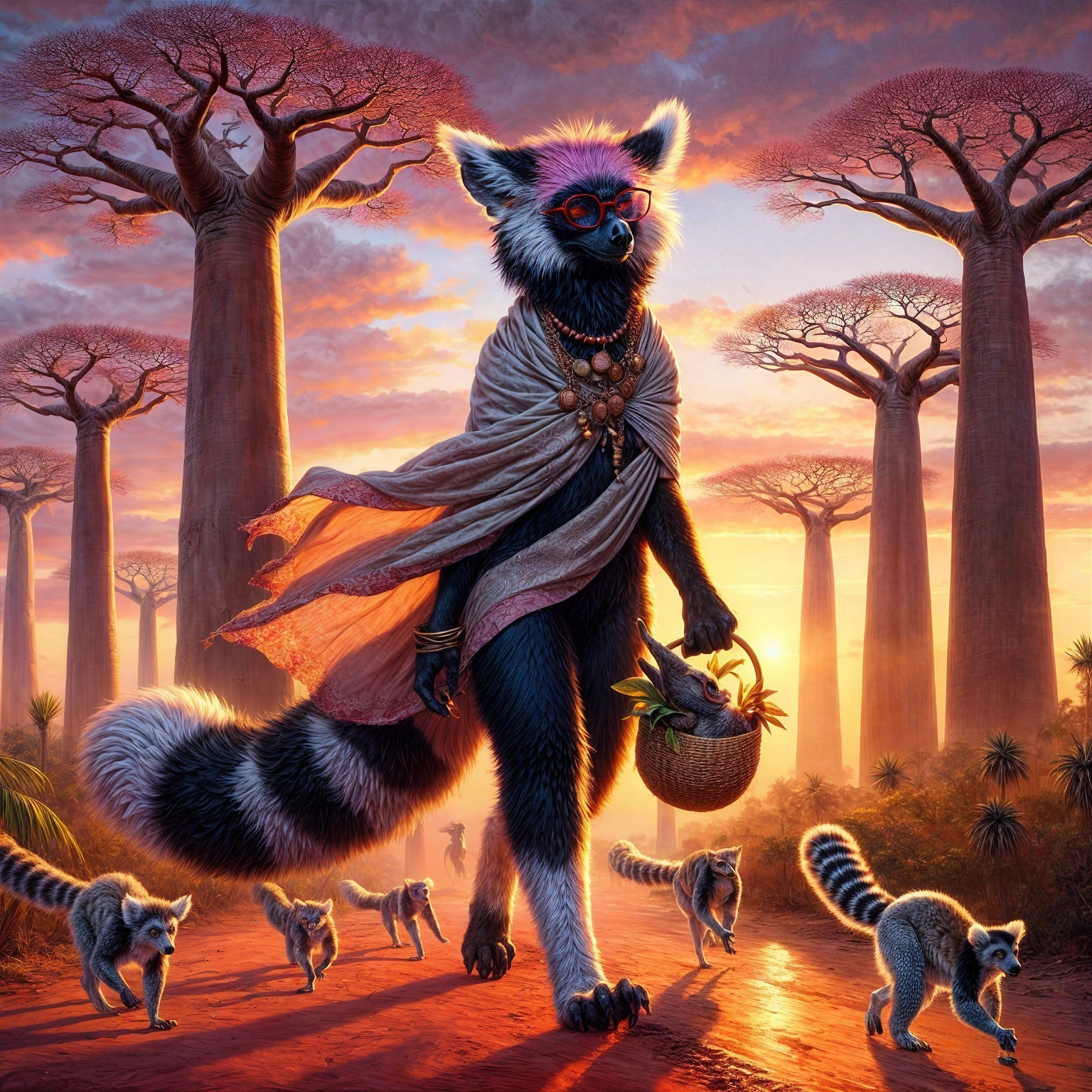 Vibrant Sunset Landscape with Lemurs and Baobab Trees