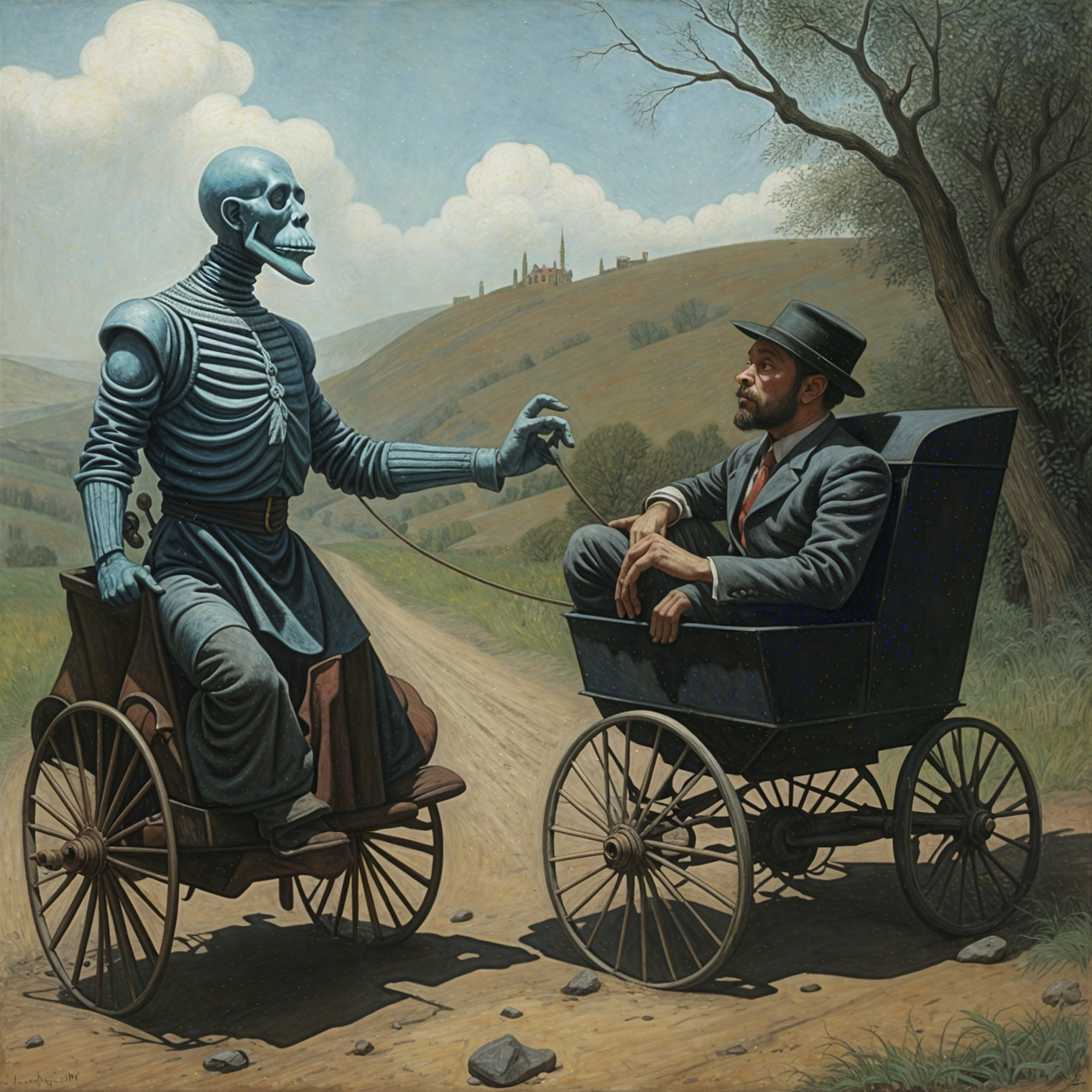 Surreal Scene of a Skeletal Figure on a Dirt Road