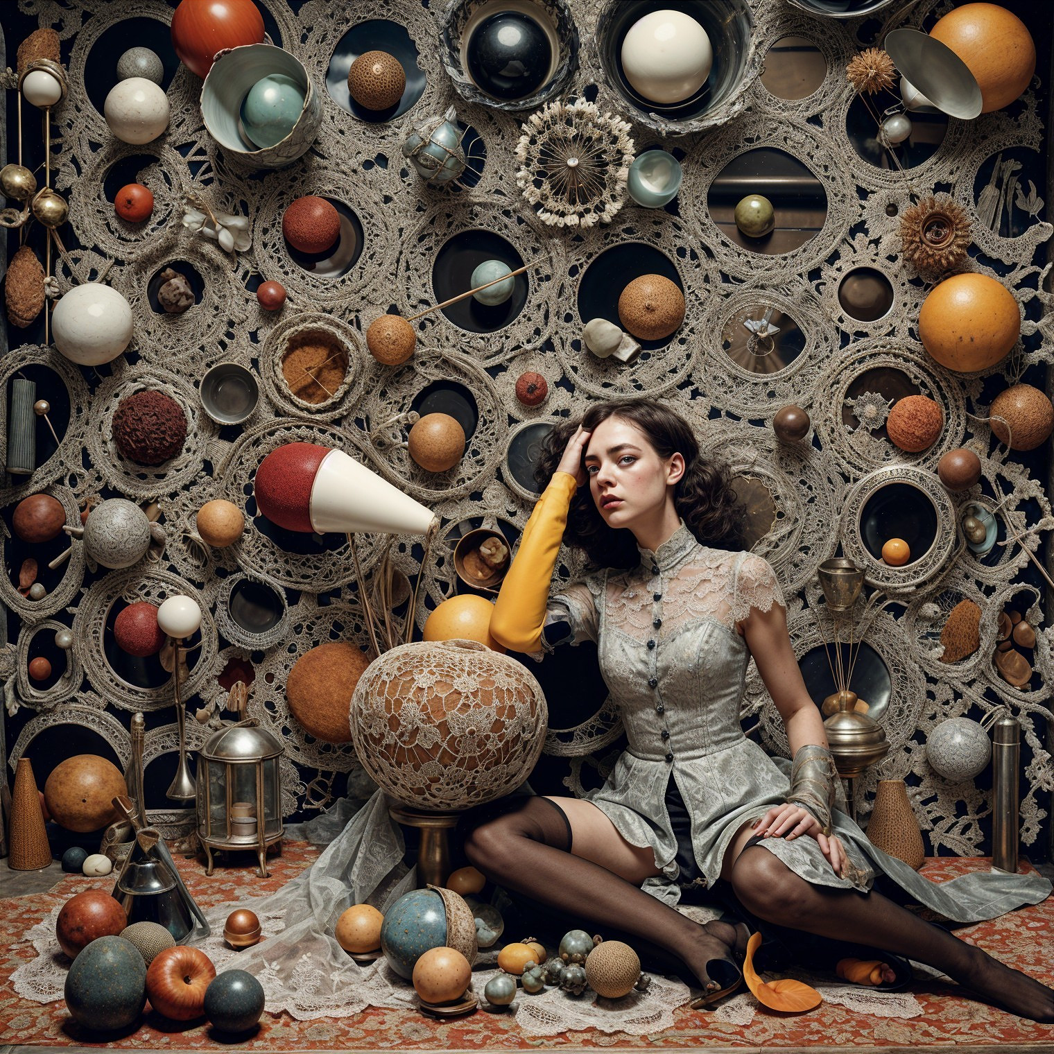 Young Woman in Lace Dress with Abstract Backdrop