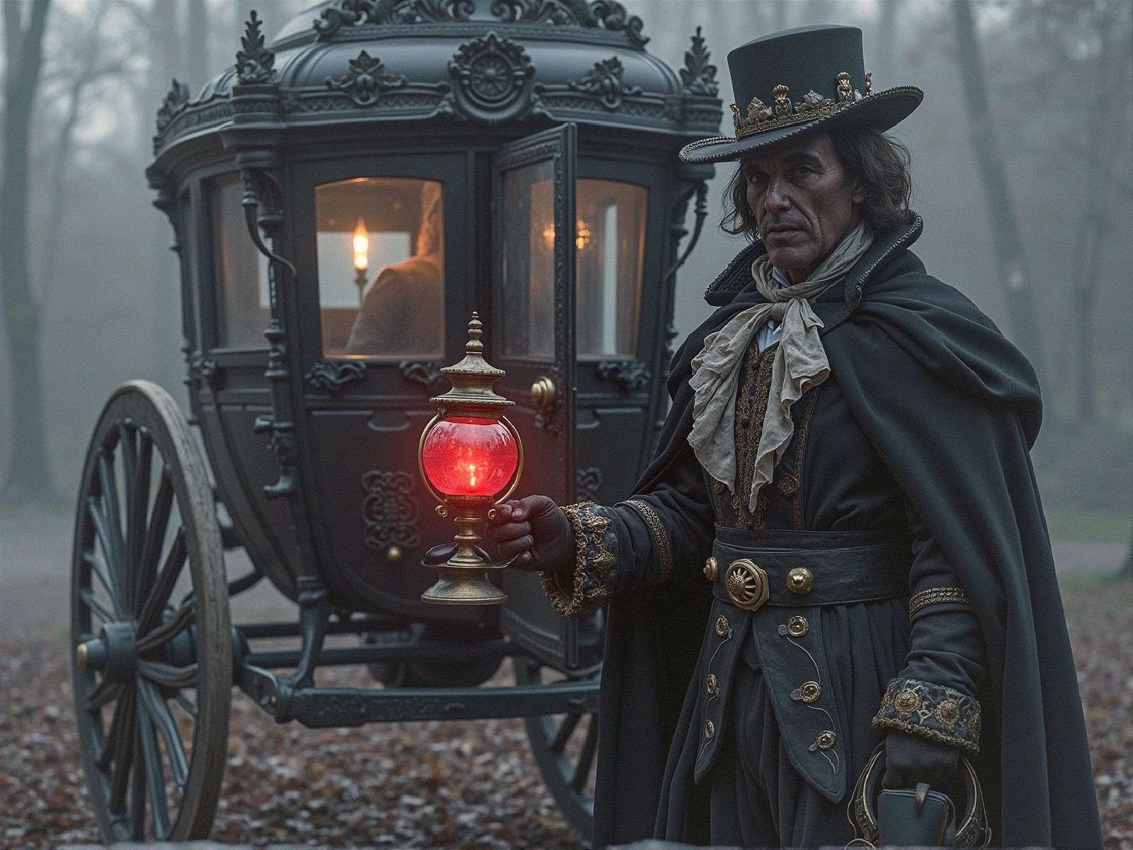 Mysterious Figure by Ornate Horse-Drawn Carriage