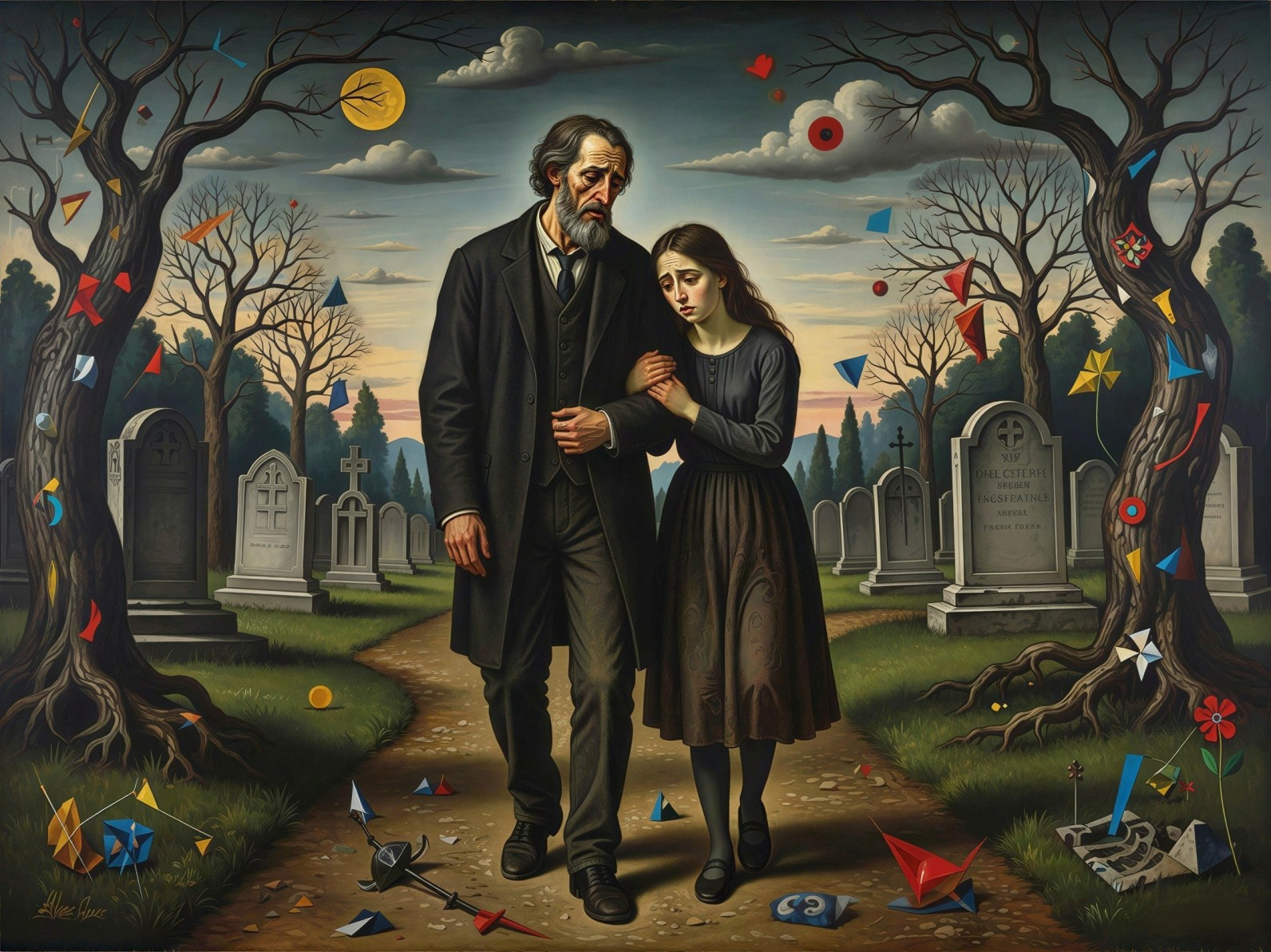 Sorrowful Scene of Couple in Cemetery at Dusk