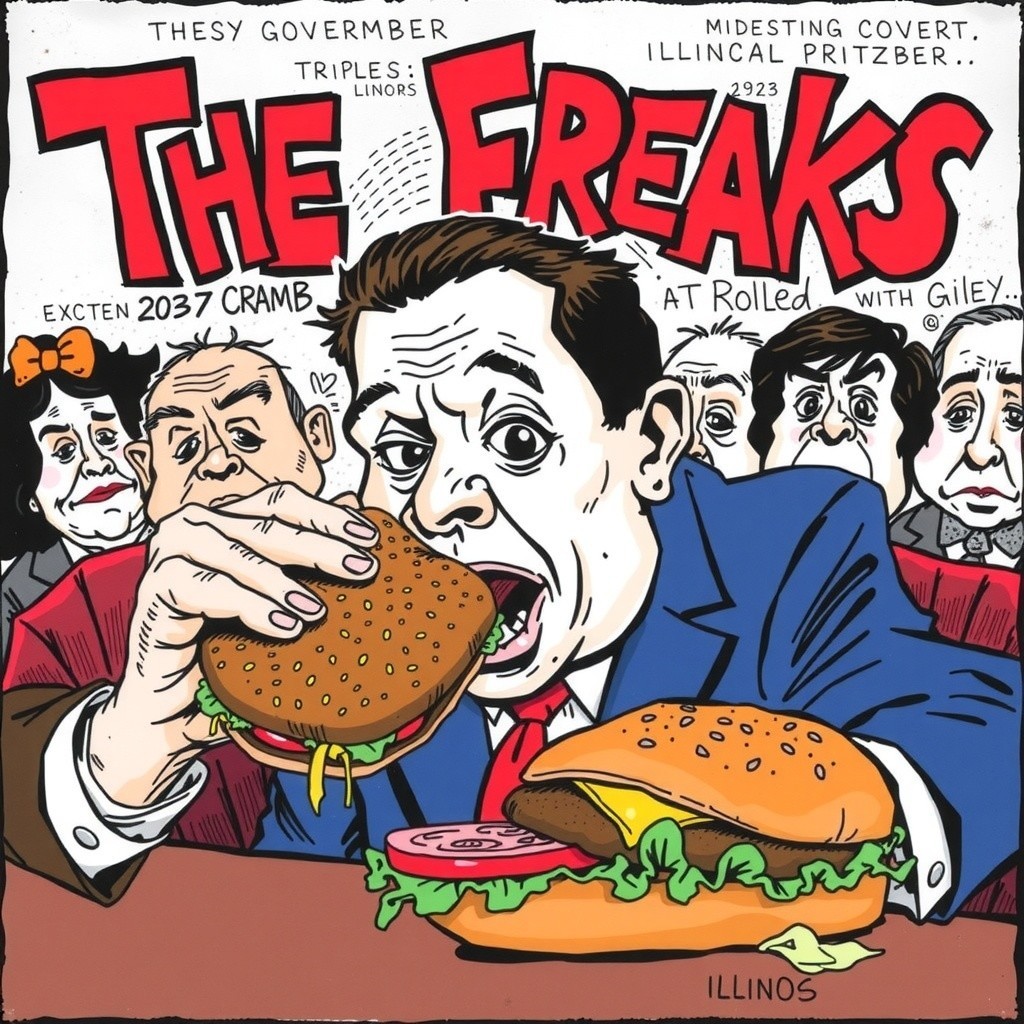 Comic-Style Illustration of Quirky Characters and Burgers