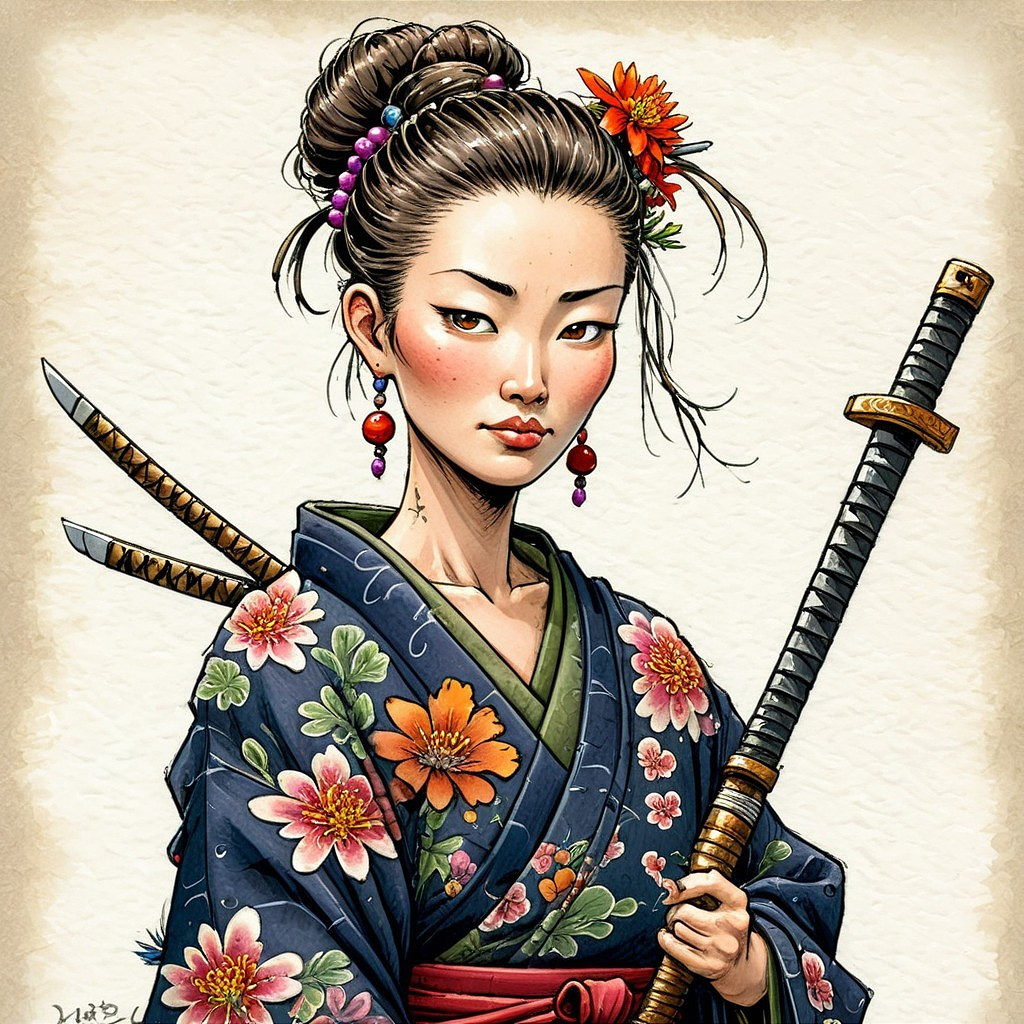 Female Samurai in Kimono with Katana and Floral Patterns