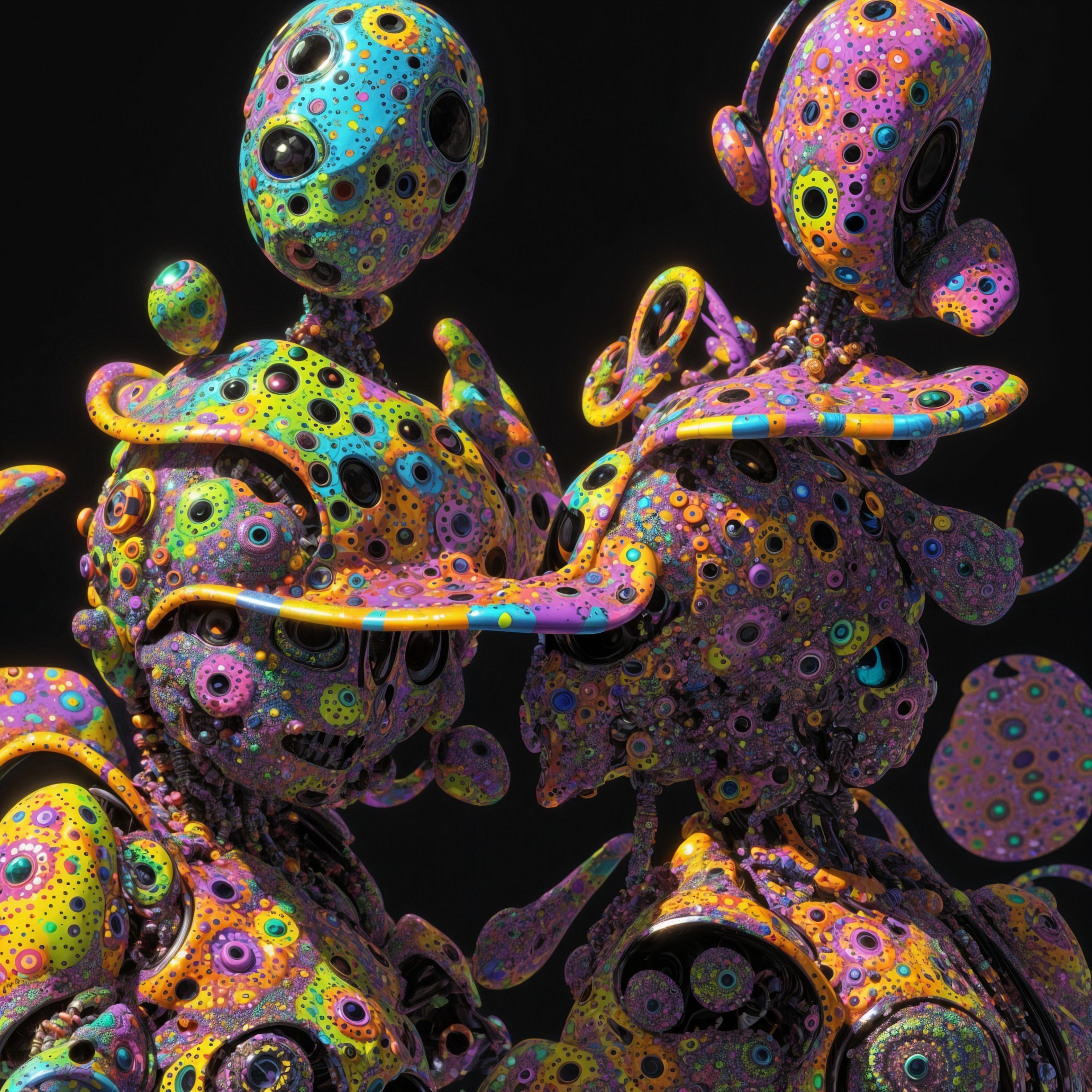Intricate Abstract Robotic Figures with Psychedelic Colors