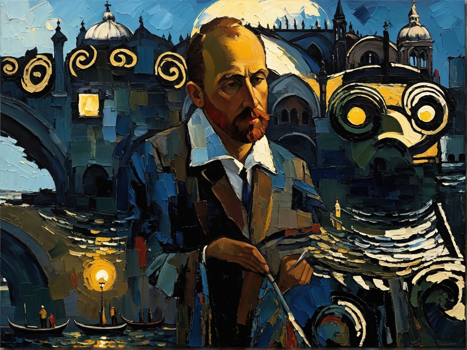 Period Figure in Contemplative Cityscape at Sunset