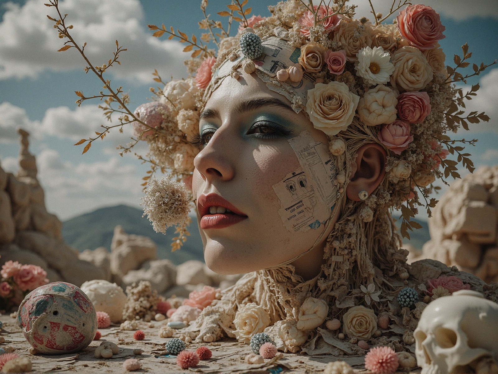 Surreal Portrait of a Woman with Floral Headdress