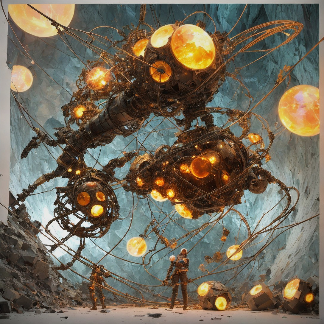 Futuristic cavern with suspended glowing structure and figures