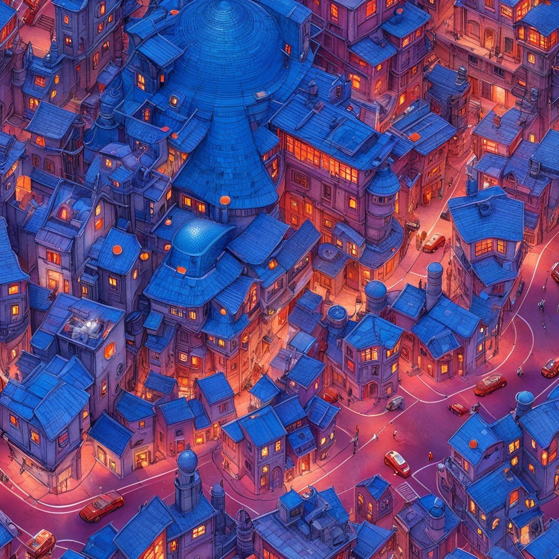 Vibrant Urban Landscape at Twilight with Blue Rooftops