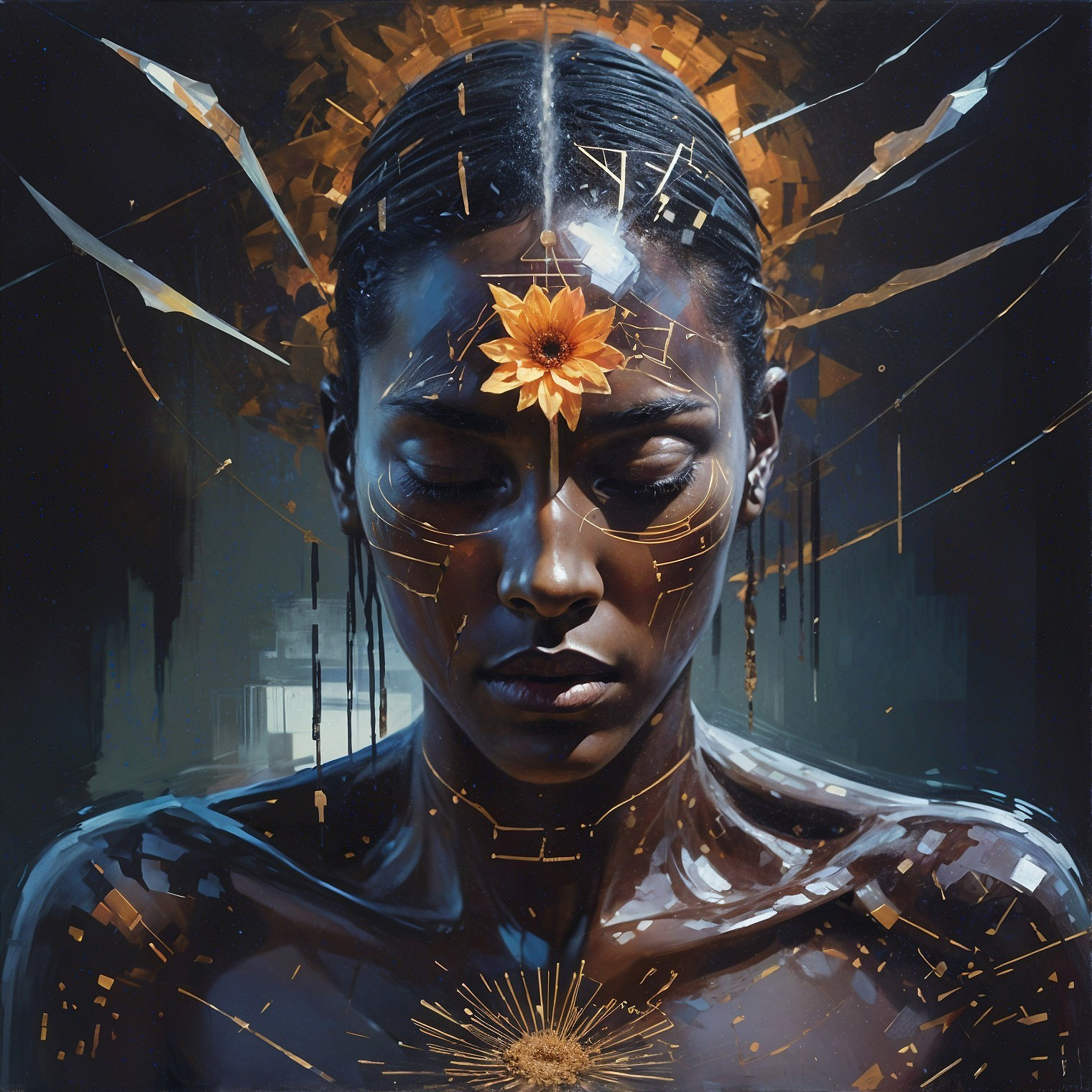 Portrait of a Woman with Golden Flower and Geometric Patterns