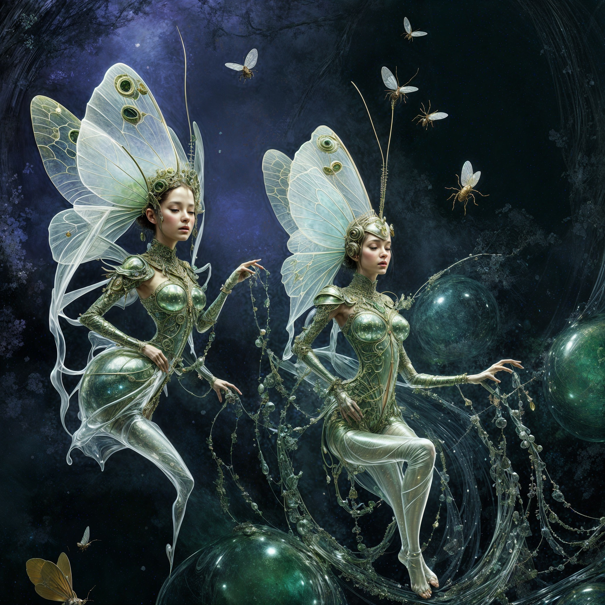 Ethereal Figures with Butterfly Wings in Cosmic Scene