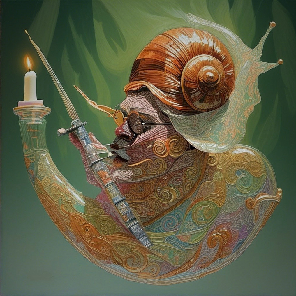 Whimsical Snail Figure with Human Features and Flute