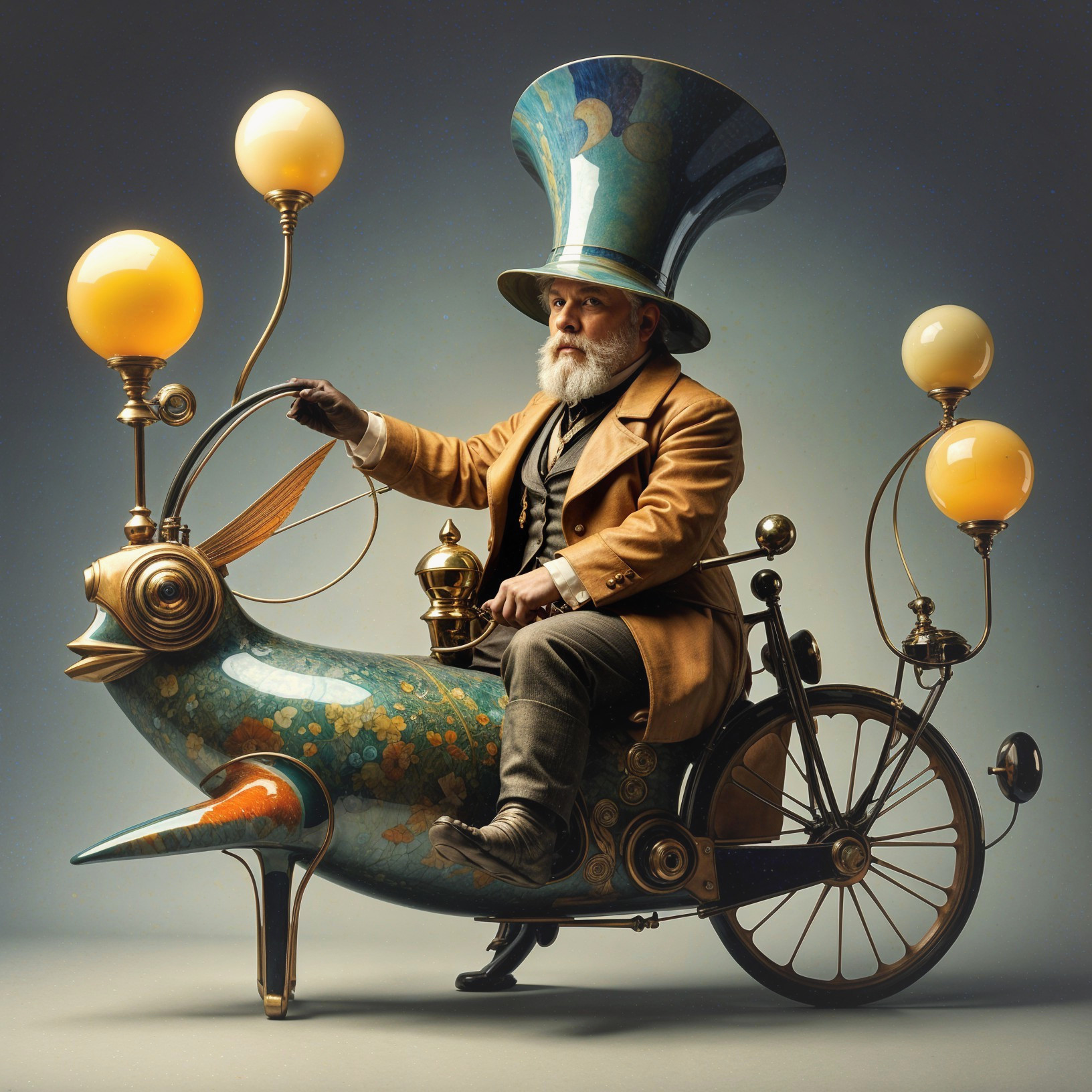 Whimsical Figure on Ornate Fish-Like Contraption