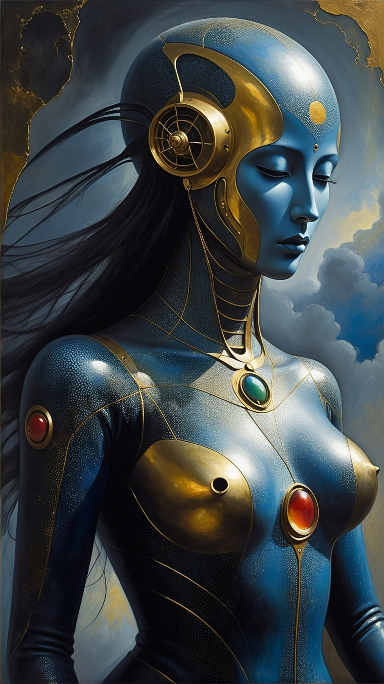 Futuristic humanoid figure with metallic blue skin
