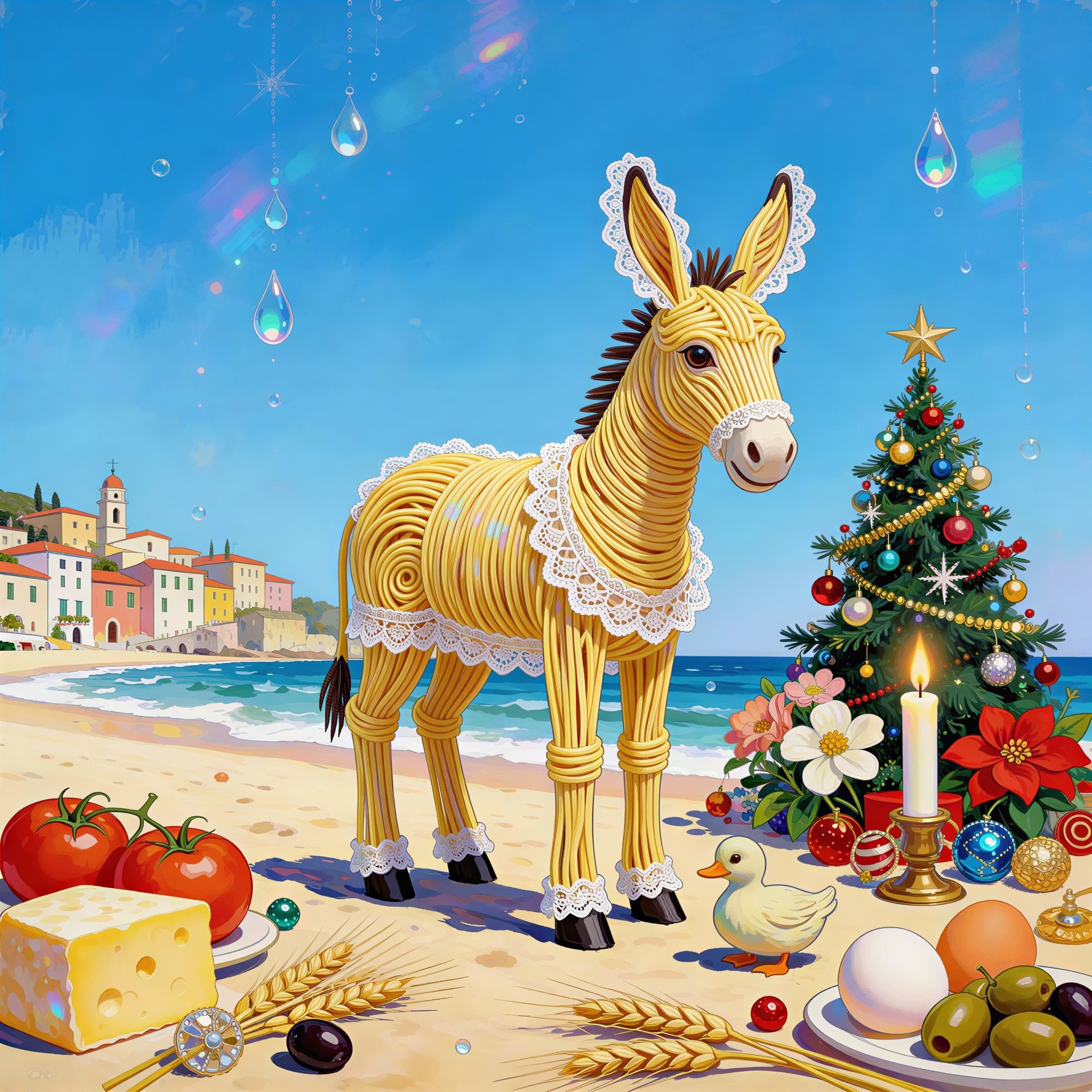Spaghetti Donkey Illustration on Beach with Christmas Tree