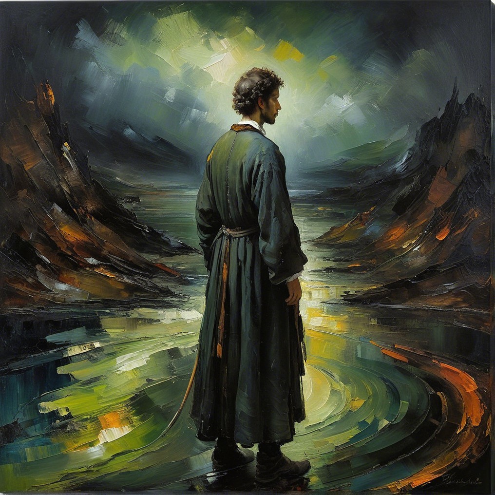 Solitary Figure by Tranquil Water in Dramatic Landscape