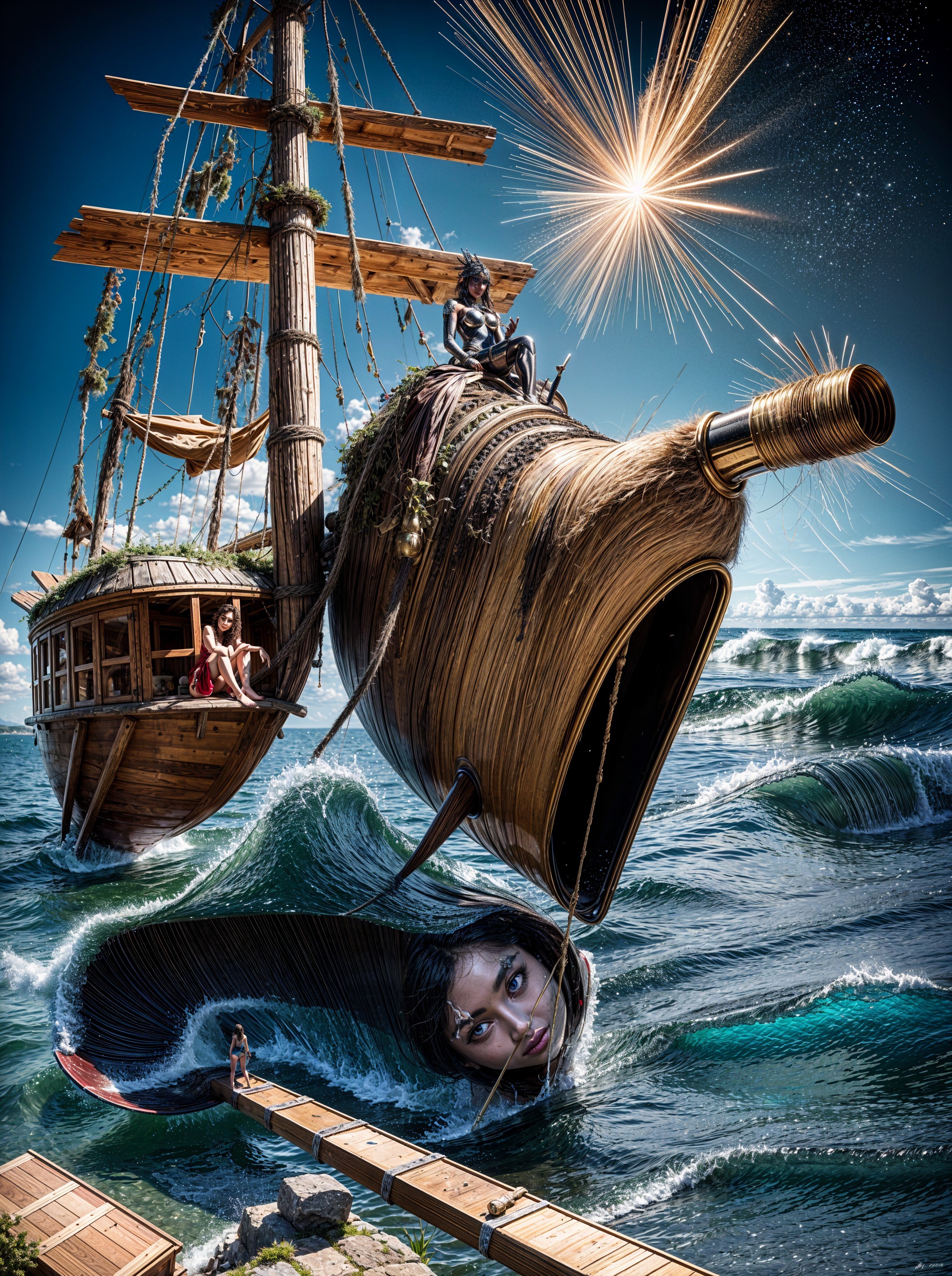 Wooden Ship and Whale with Woman's Face in Fantasy Scene