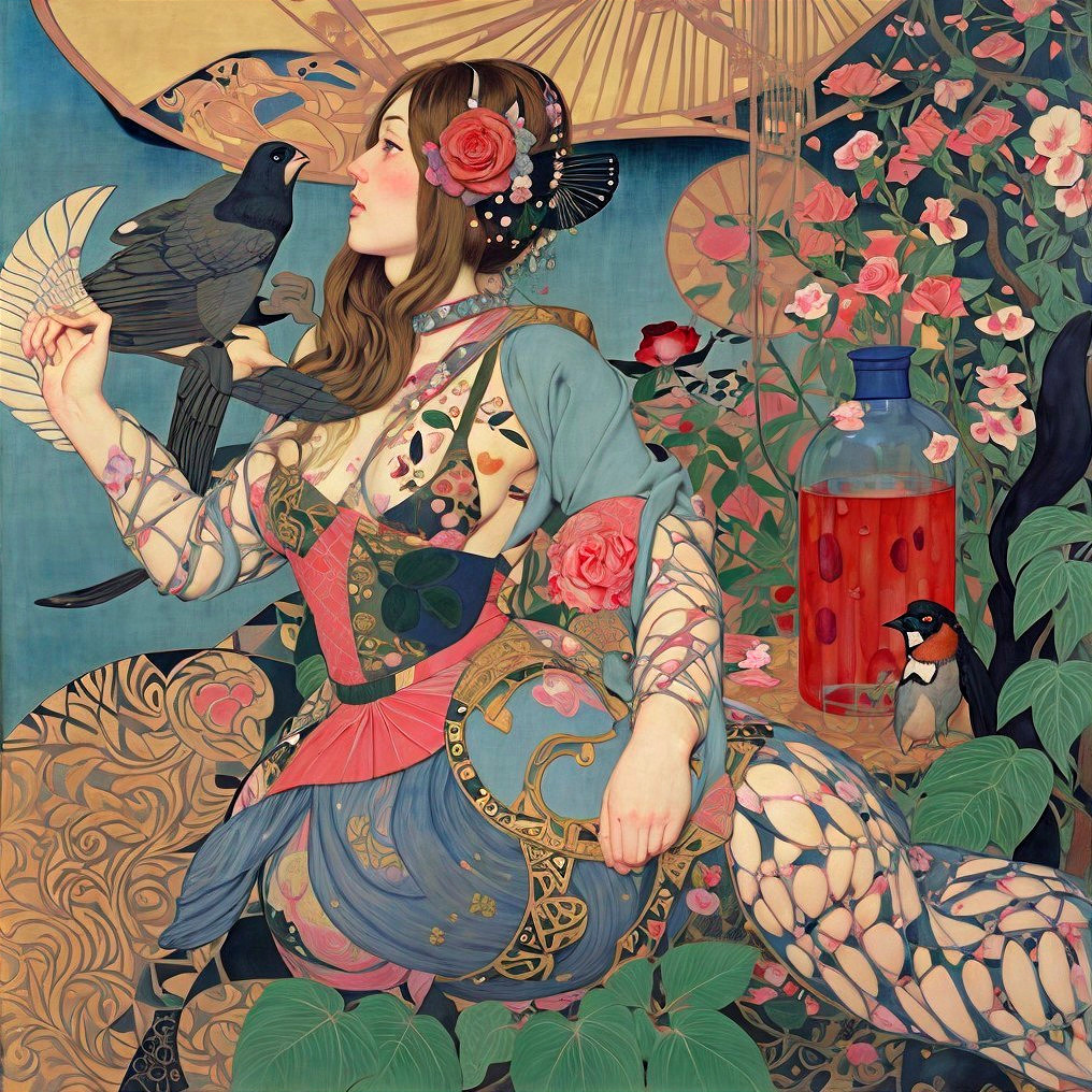 Woman in Colorful Art Nouveau Attire with Crow and Flowers