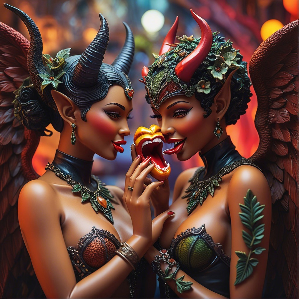 Mythical Figures with Horns and Intricate Costumes