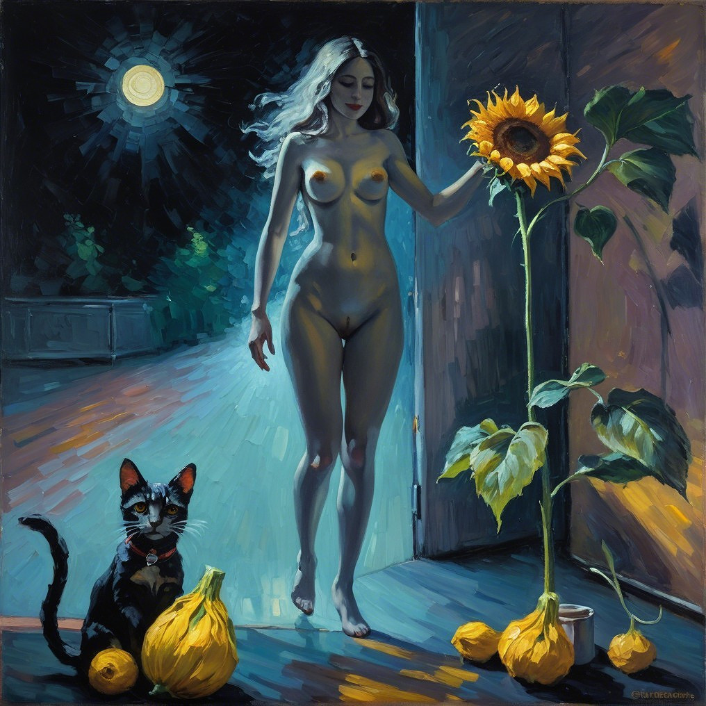 Nude Woman in Doorway with Sunflower and Cat