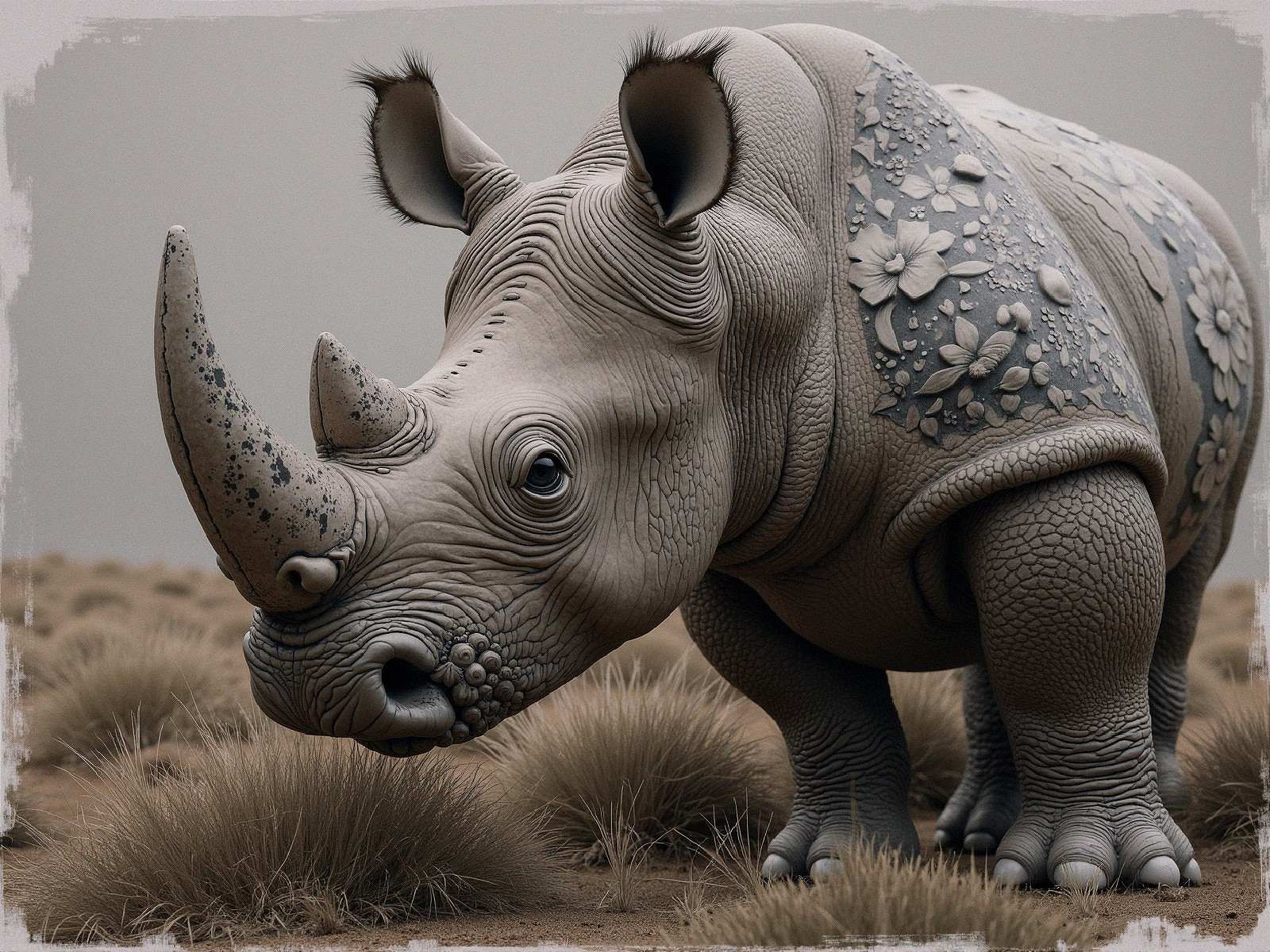Fantastical Rhinoceros with Floral Patterns in Landscape