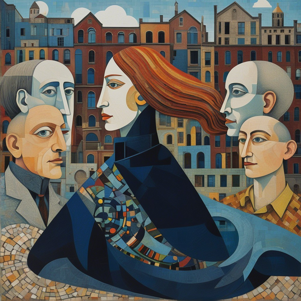 Abstract Composition with Central Figure and Cityscape