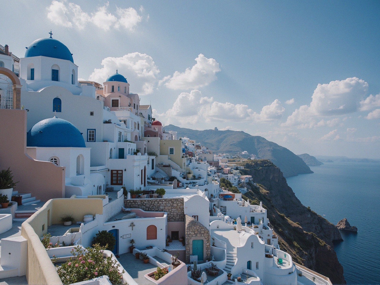 Santorini's Whitewashed Architecture and Blue Sea View
