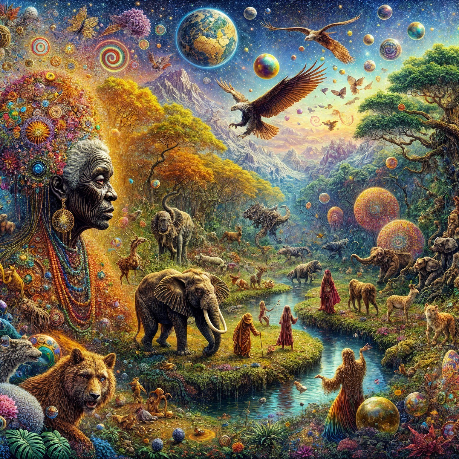 Surreal Landscape with Elephants and Cosmic Elements