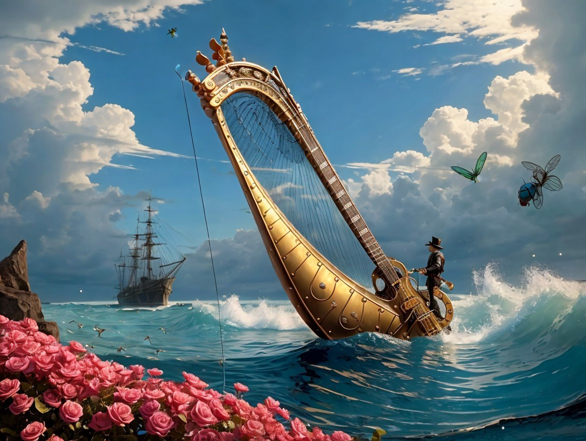 Golden harp among pink roses in a surreal landscape