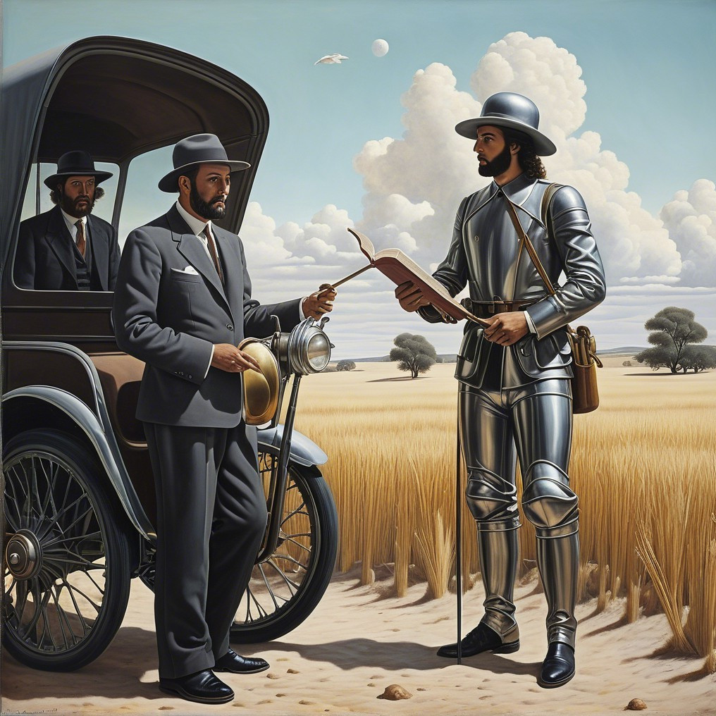 Surreal Landscape with Man, Knight, and Vintage Car