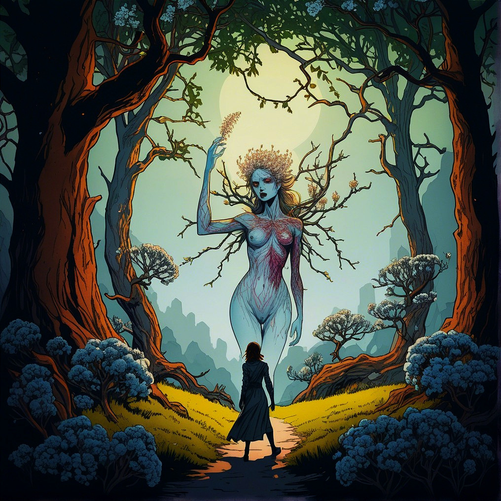 Majestic Tree-like Figure in Enchanted Forest Scene