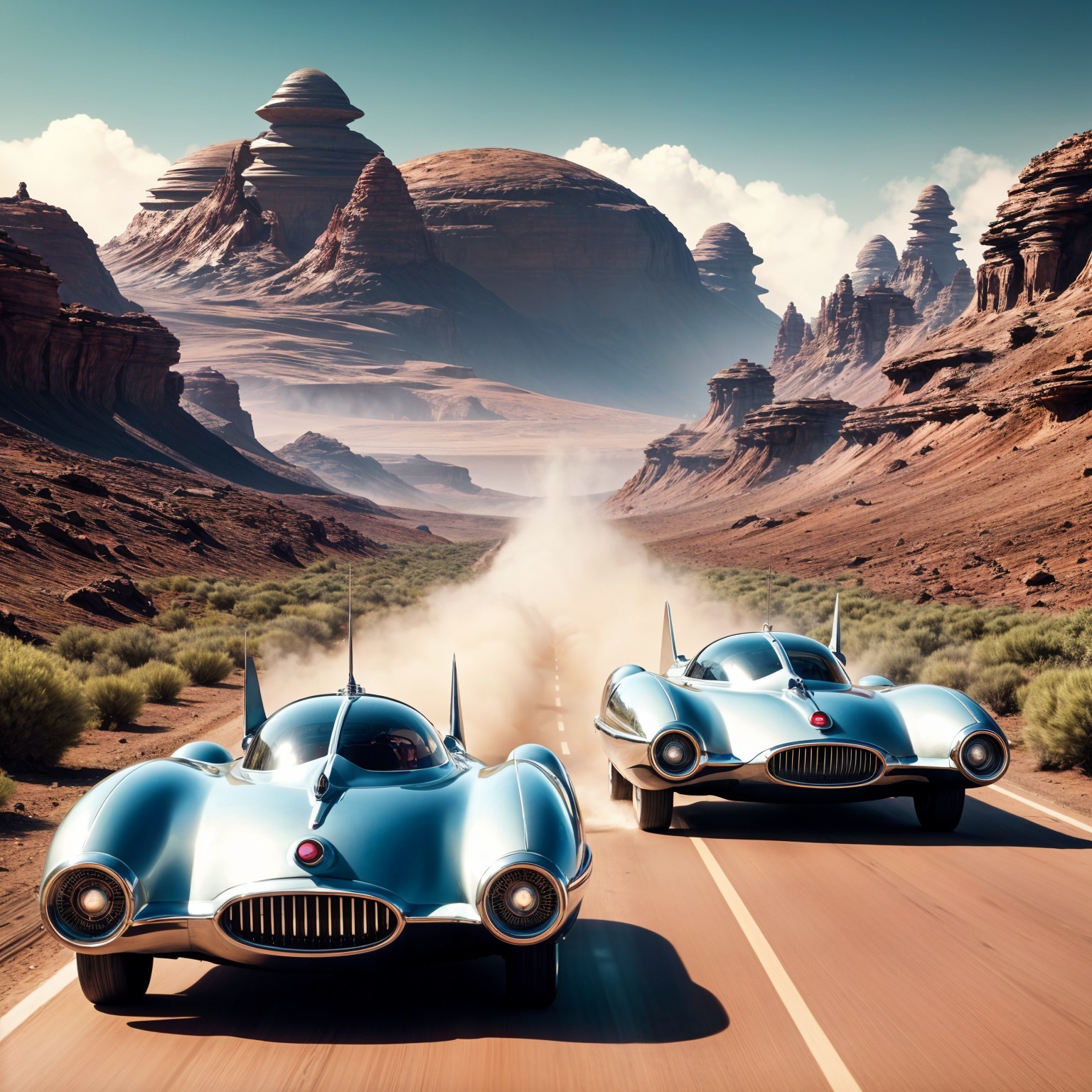 Futuristic Cars Racing in Dramatic Desert Landscape