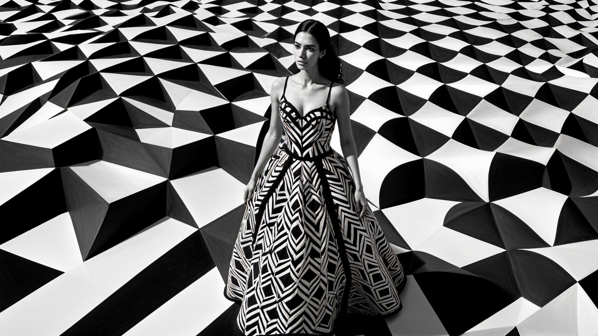 Black and White Image of Woman in Geometric Dress