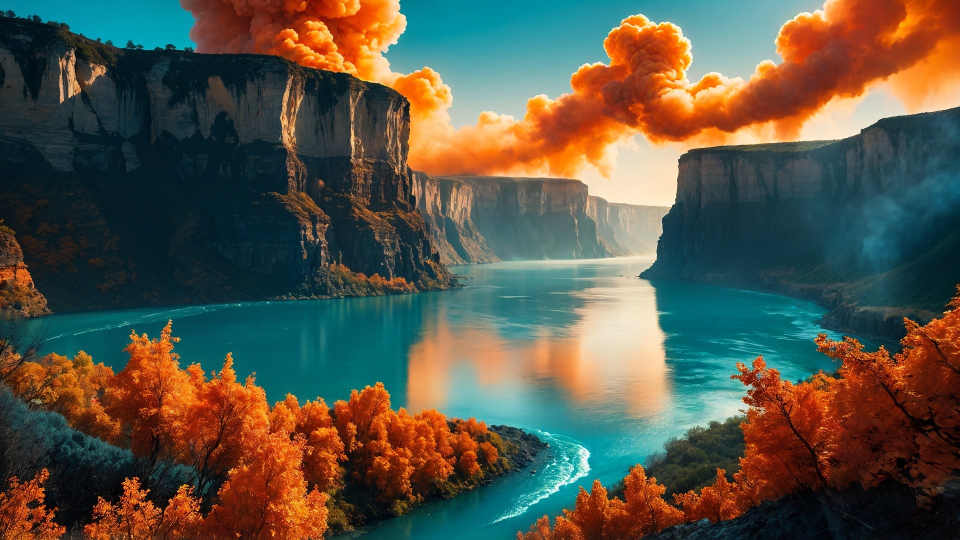 Autumn River Landscape with Cliffs and Vibrant Skies