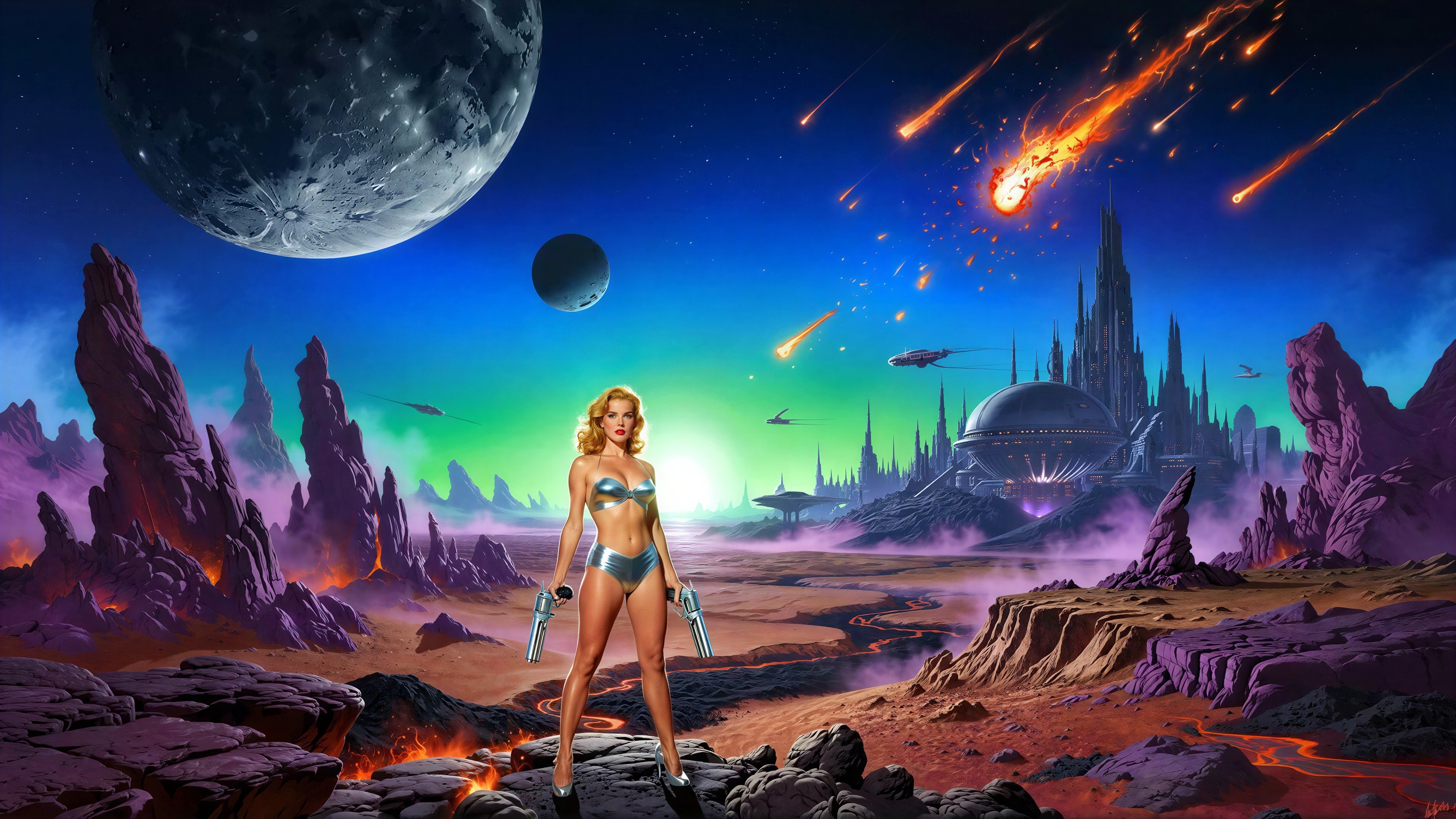 Futuristic Pin-Up Girl on Alien Planet with Cityscape