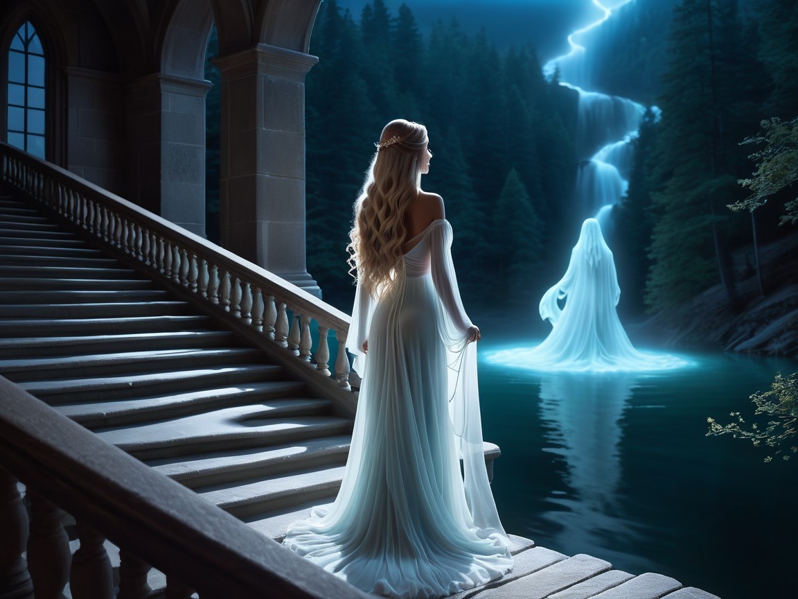 Woman in White Gown by Lake with Ghostly Figure