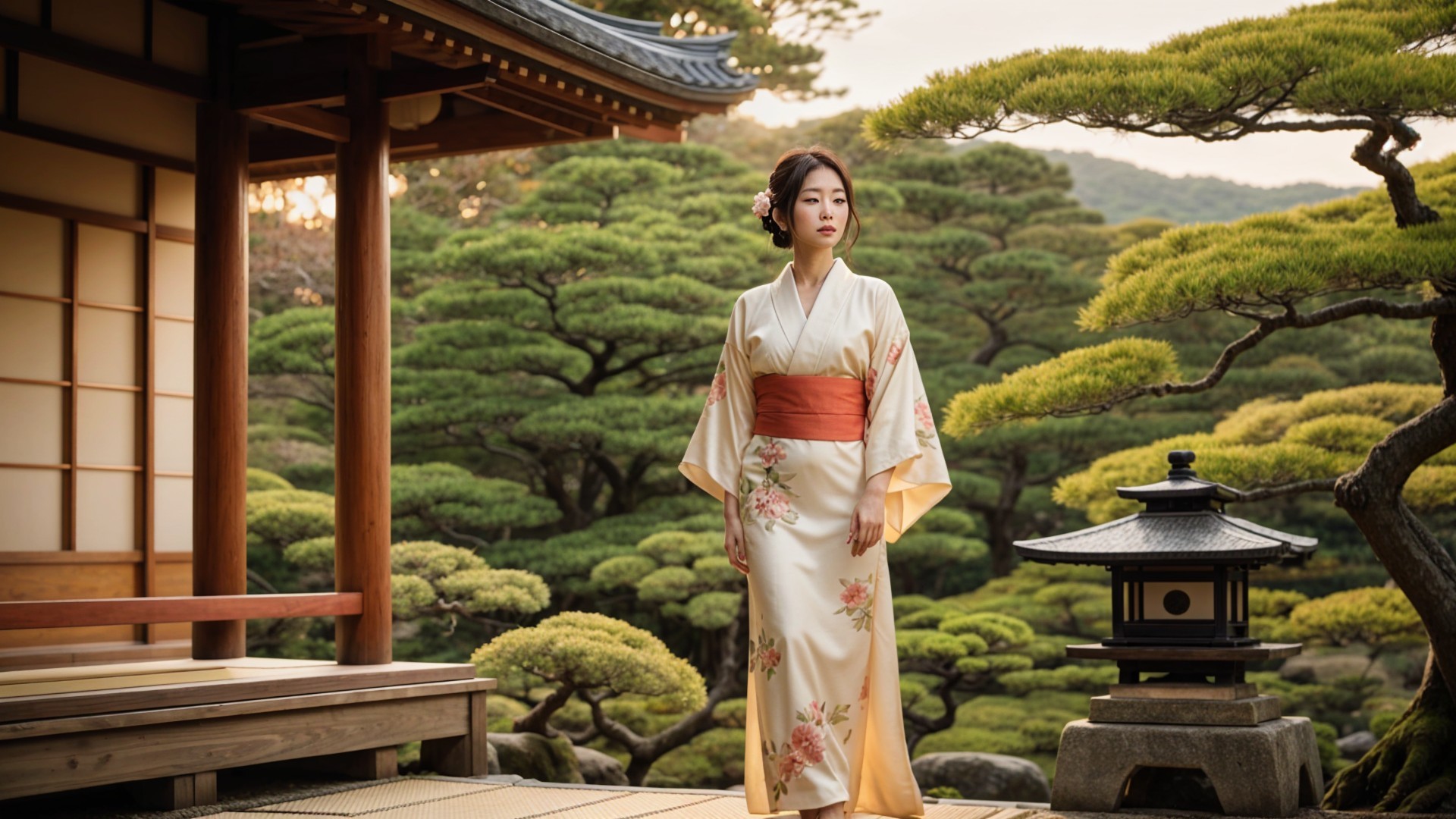 Woman in Kimono in Serene Japanese Garden Setting
