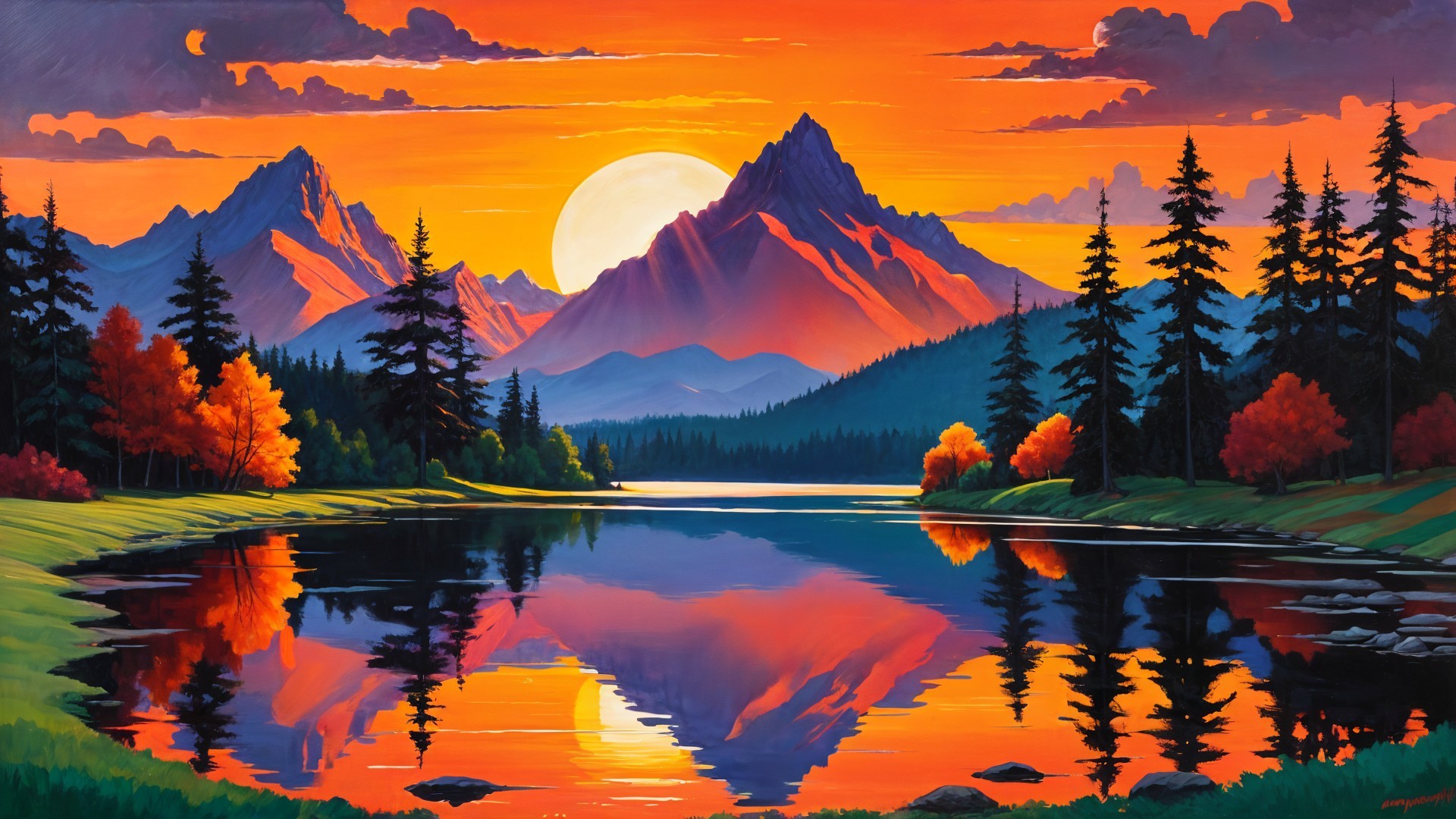 Majestic Sunset Landscape with Mountains and Lake