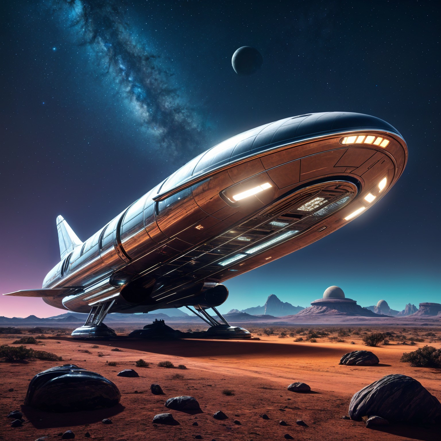 Futuristic Spaceship on Rocky Landscape Under Stars