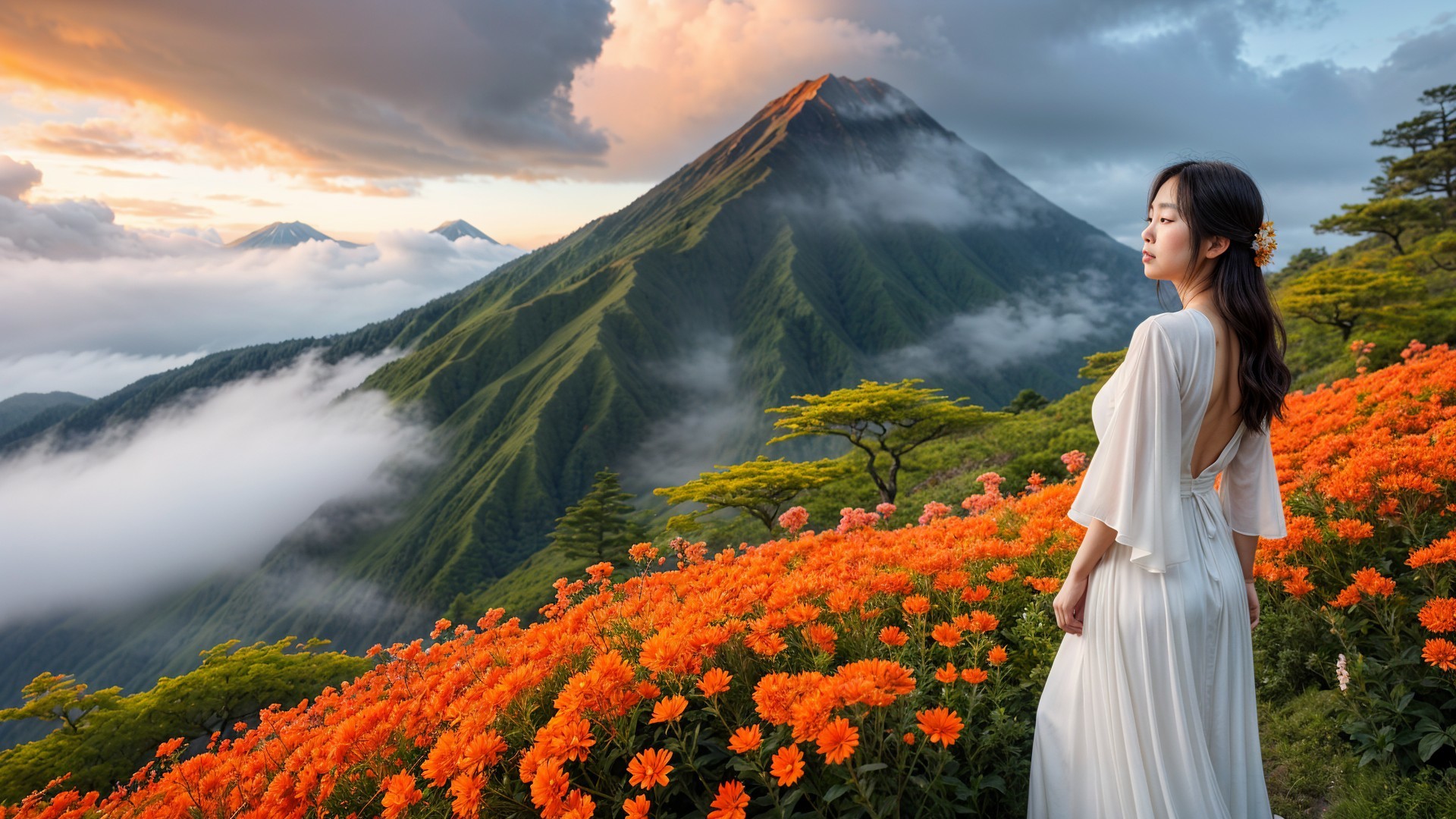 Young Woman in White Dress on Flower-Covered Hill