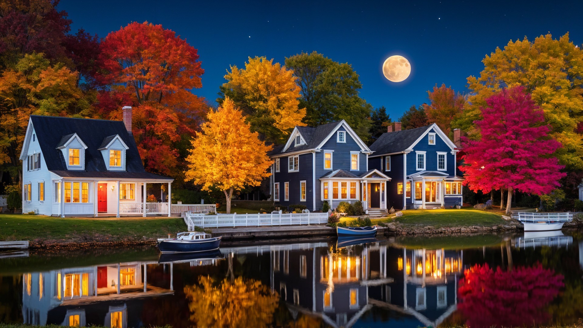 Serene Autumn Scene with Charming Houses and River