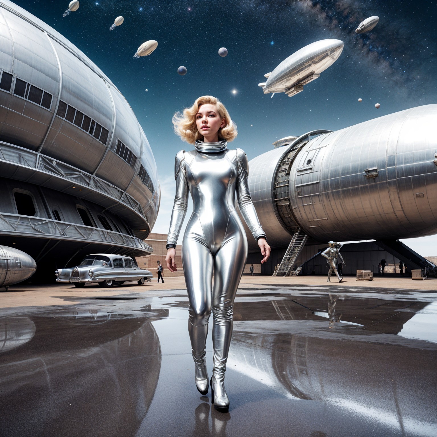 Futuristic Scene with Woman in Silver Bodysuit and Airships