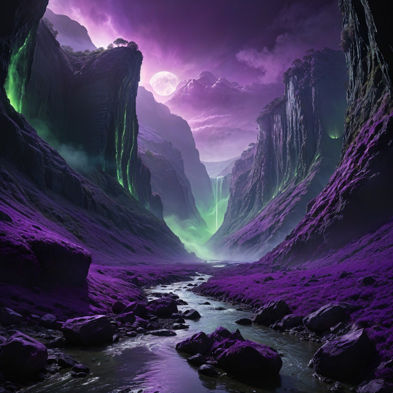 Mystical Landscape with Purple Cliffs and Green Waterfall