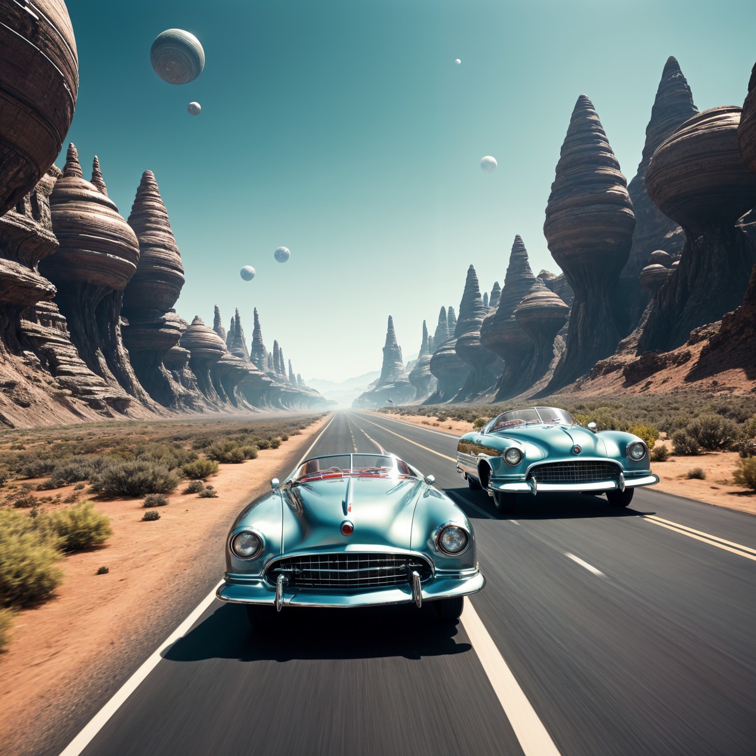 Vintage Blue Cars on a Highway with Surreal Rock Formations