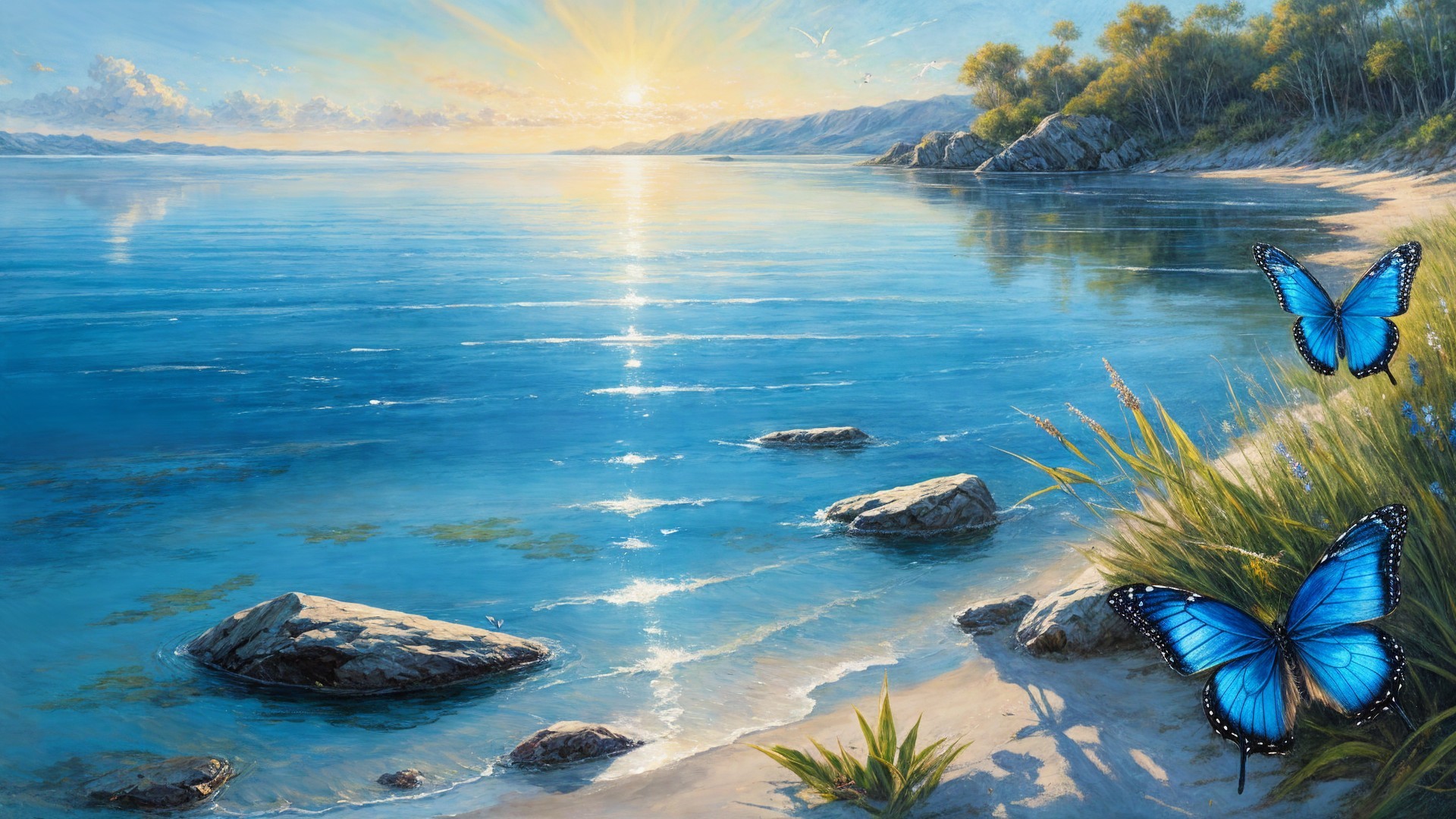 Tranquil Sunrise Landscape with Lake and Butterflies