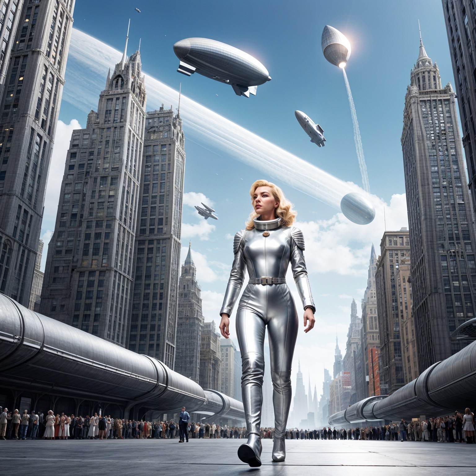 Futuristic cityscape with woman in silver spacesuit