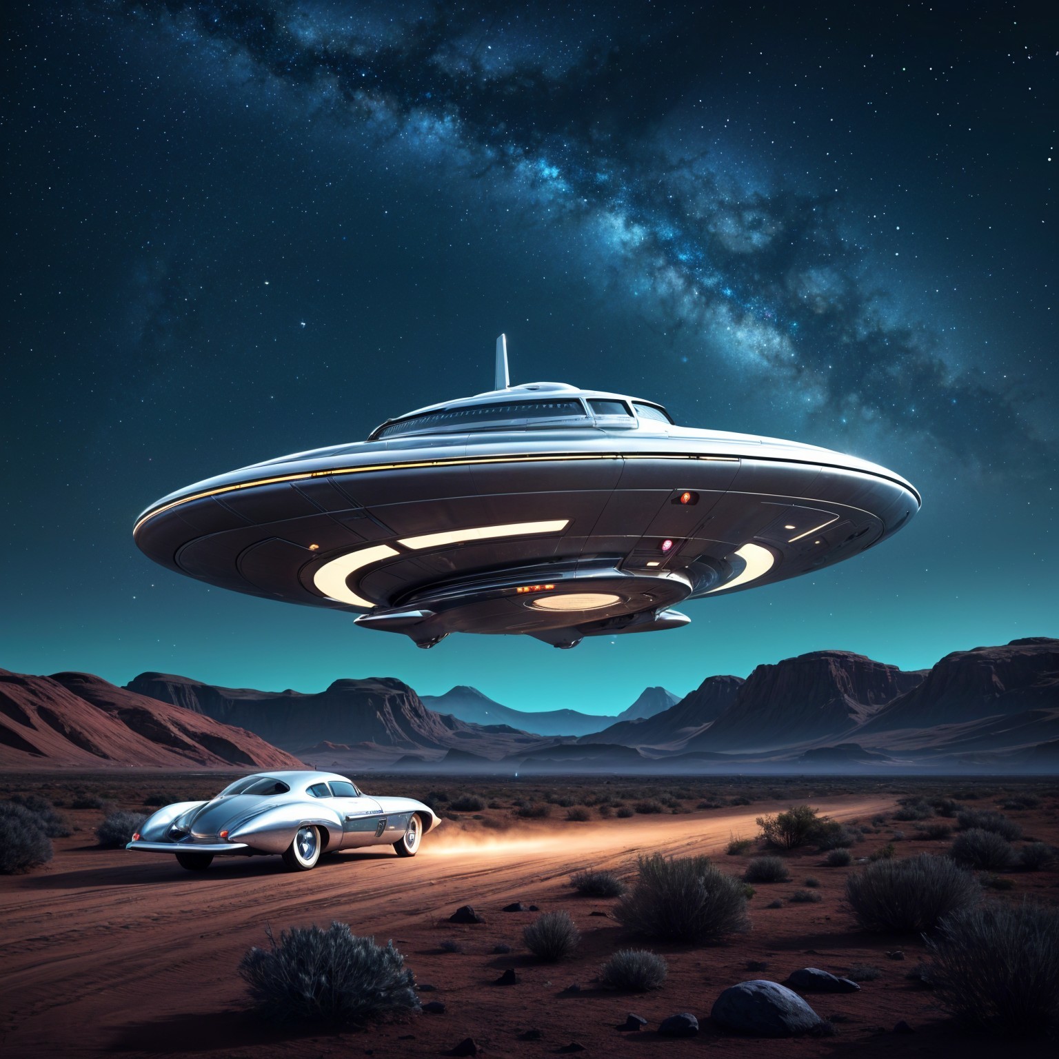 Futuristic UFO and Classic Car in Desert Night Scene