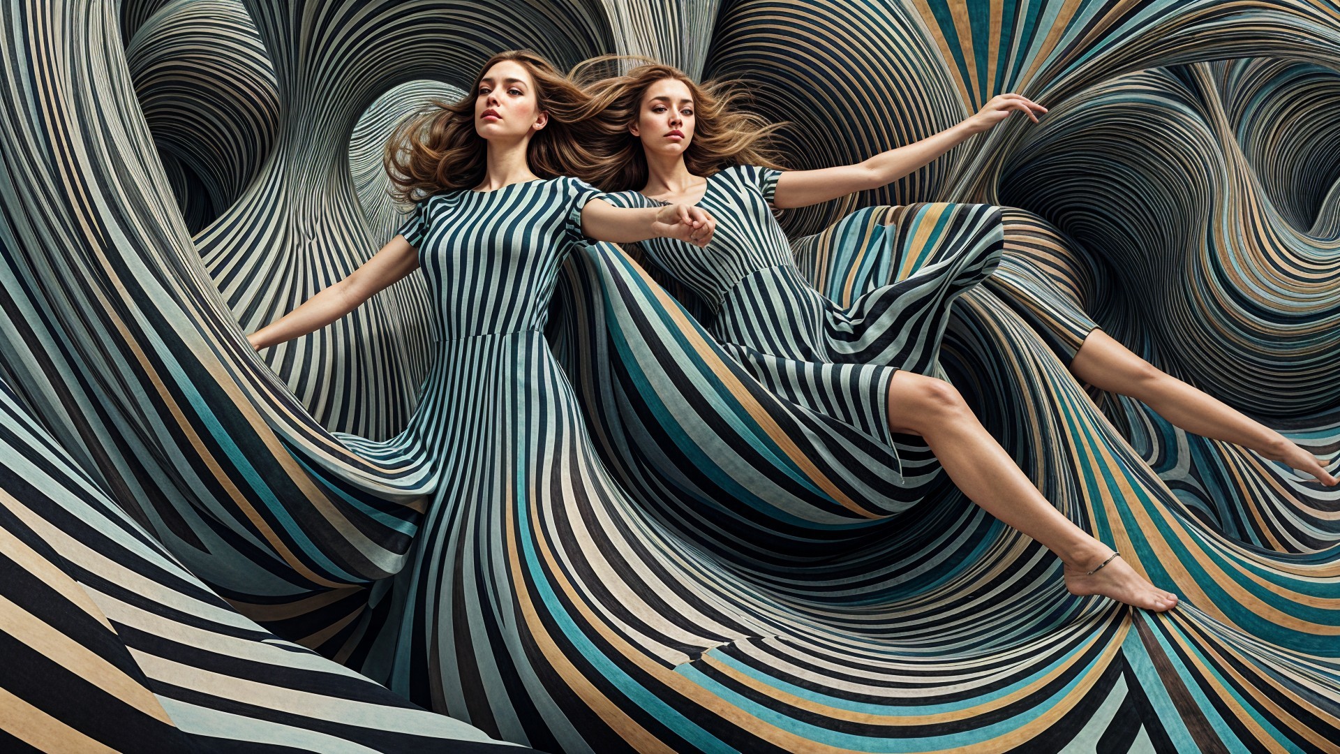 Women in Striped Dresses Against Wave-Like Background