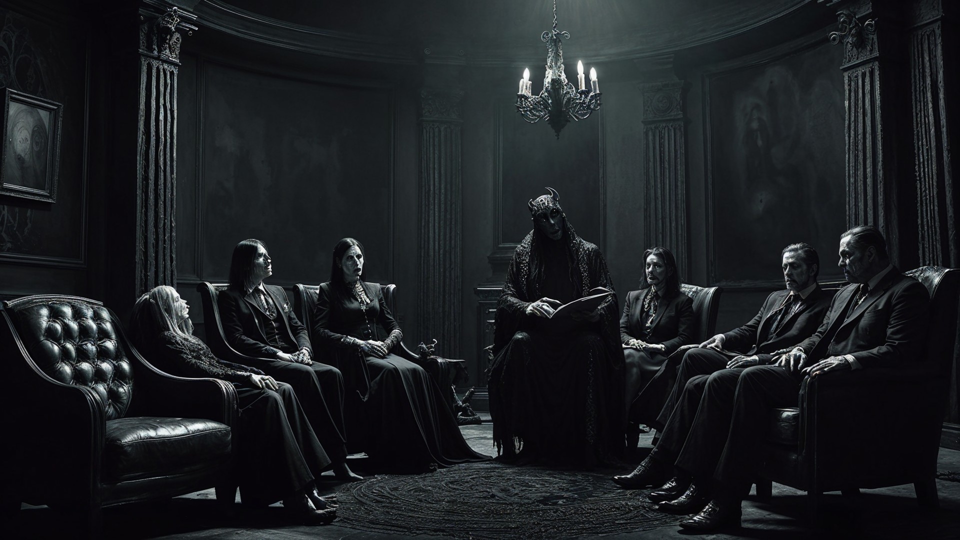 Gothic Gathering of Seven in a Dimly Lit Room