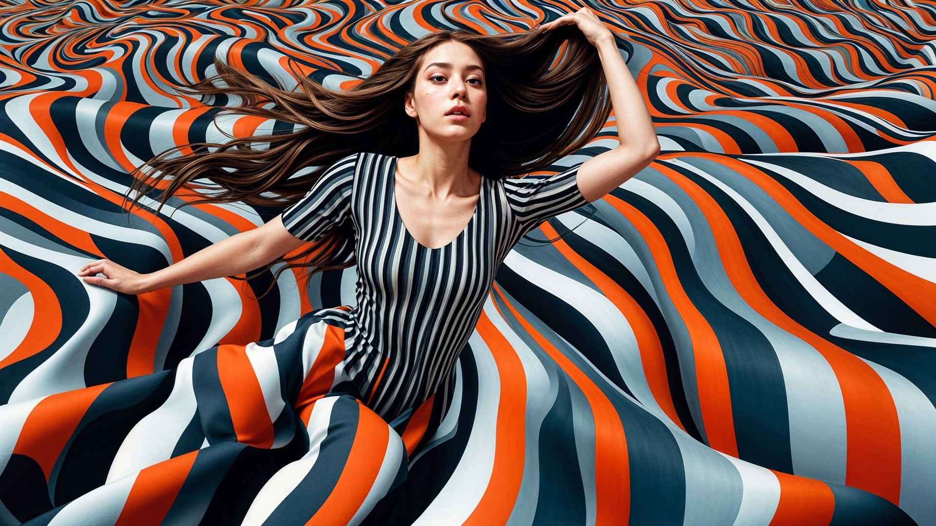Model in Striped Dress Against Vibrant Wave Backdrop