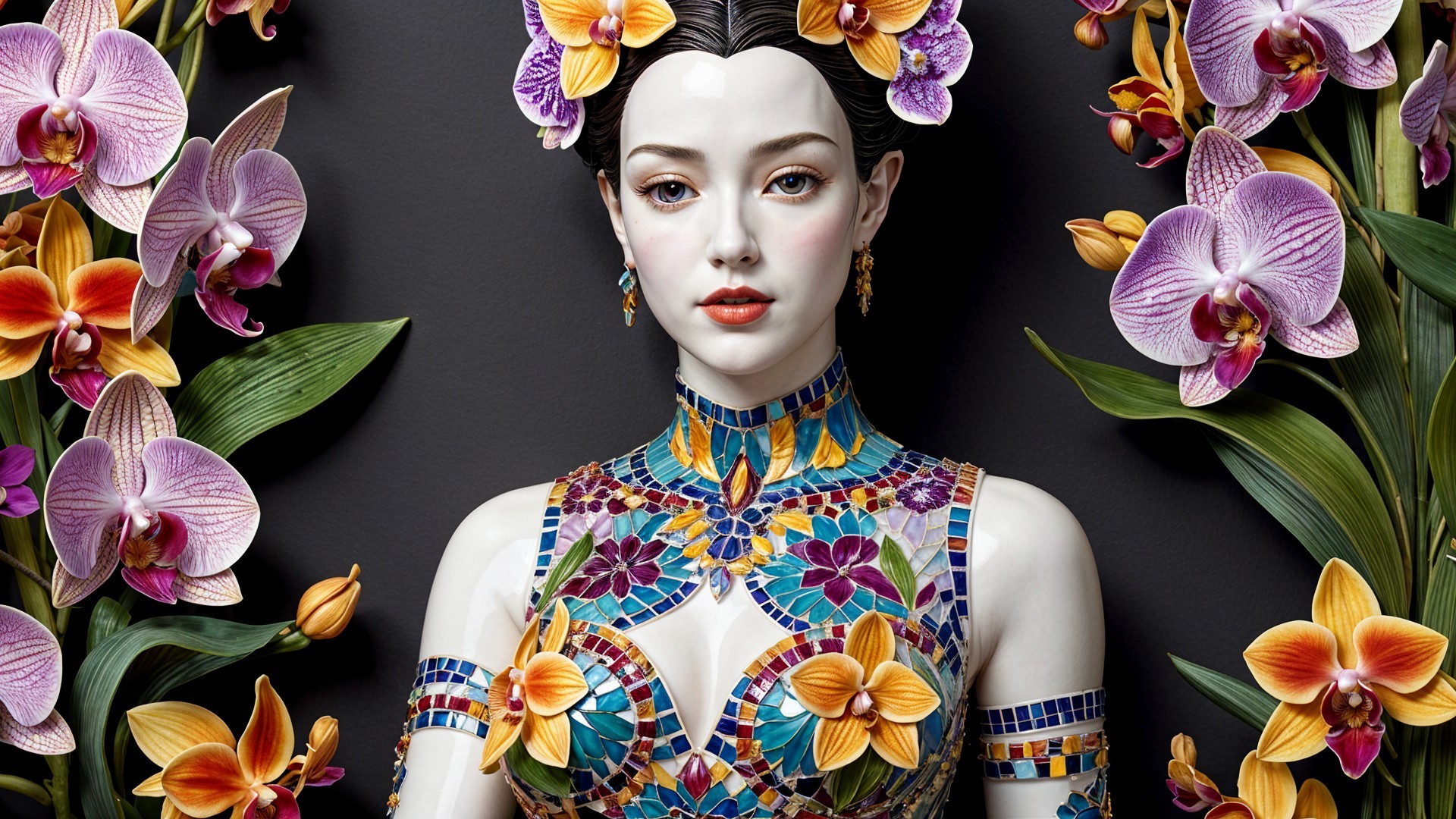 Detailed Mannequin with Vibrant Mosaic Flower Design